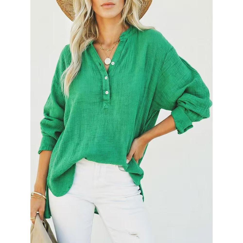Women's V-Neck Long Sleeve Solid Color Casual Fashion Henley Blouse Shirt Top
