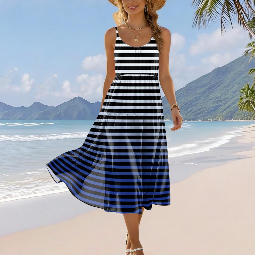 Women's Summer Fashion Printed Pocket Adjustable Shoulder Strap Bohemian Leisure Beach Resort Strap Dress