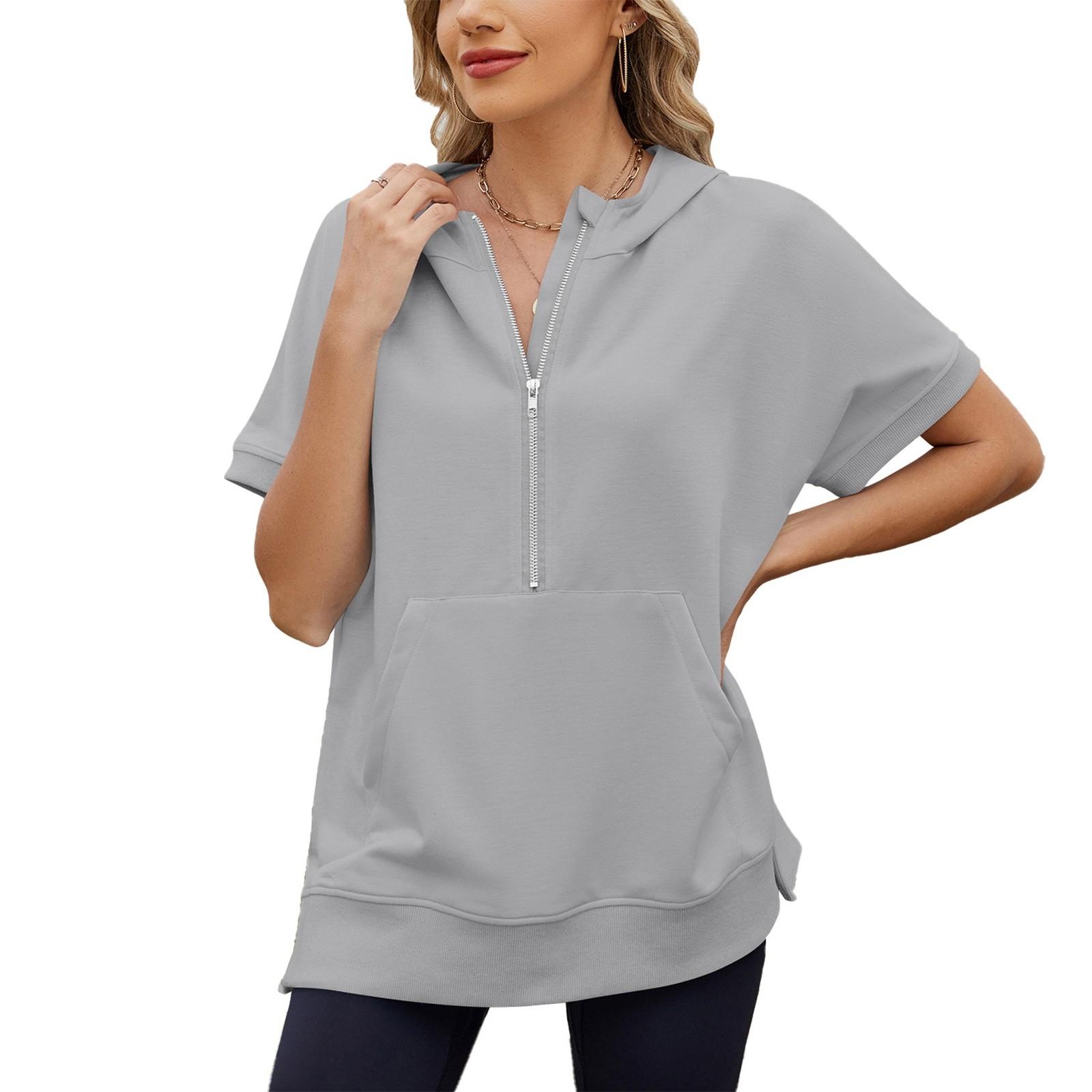 Women s Fashion Solid Color Hooded Loose Short Sleeved Zipper Pocket Top XXL
