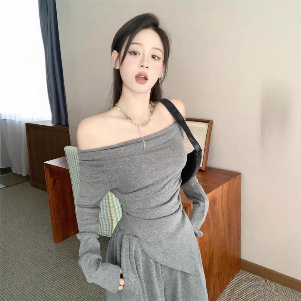 Elegant Korean-Style Women's Suit: One-Shoulder Irregular Long-Sleeved Top with Draping Pants, New Spring/Autumn 2026 Arrival.