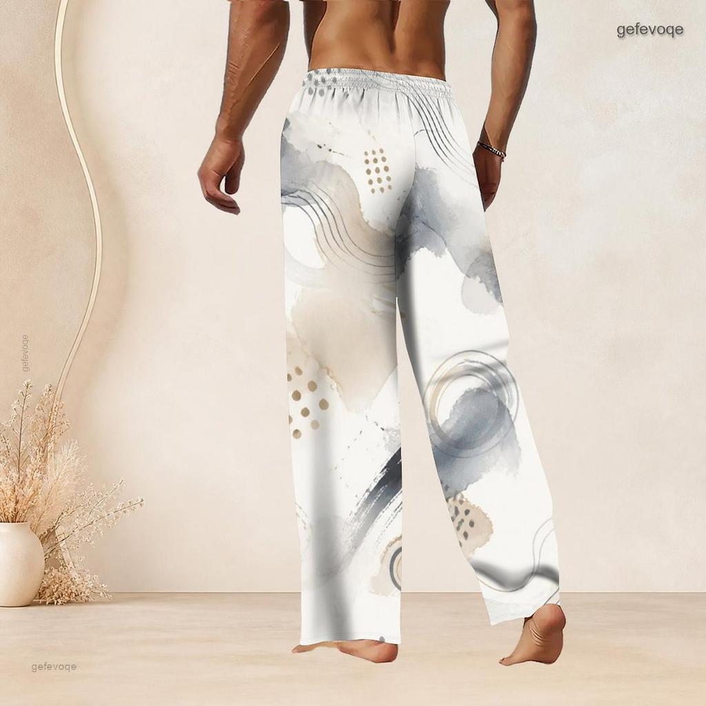 Men S Plus Size Abstract Watercolor Printed Drawstring Waist Straight Leg Full Length Beach Pants With Pockets