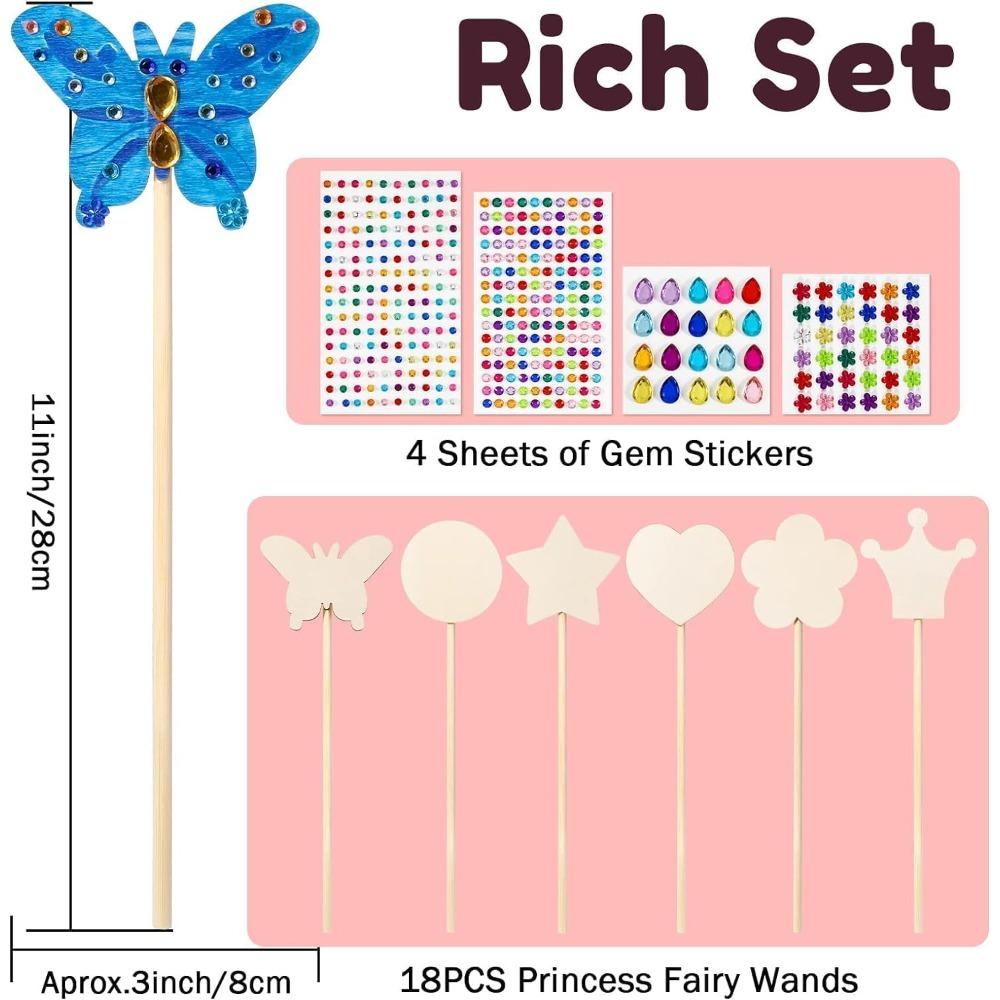 

18pcs Princess Fairy Wands Kit Include 6 Styles Unfinished Wooden Princess Wand and 4 Gem Stickers Princess Art Magical Show for Party Supplies Normal-18Pcs