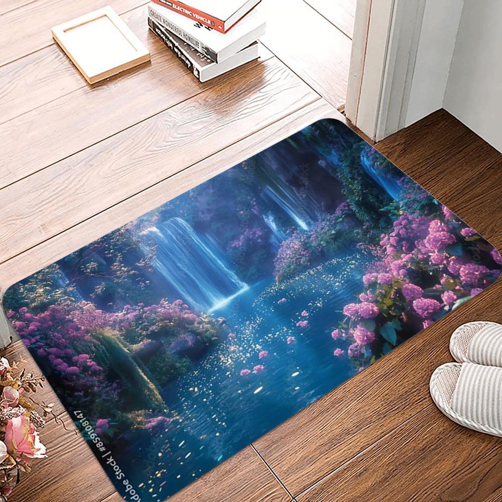 Ancient and Mysterious Primitive Forest Doormat Cherry Blossom Waterfall Welcome Mat Afternoon Sunshine Welcome Mat Encountered