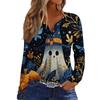 Women's Casual Long Sleeve V-Neck T-Shirt with Halloween Print and Decorative Buttons