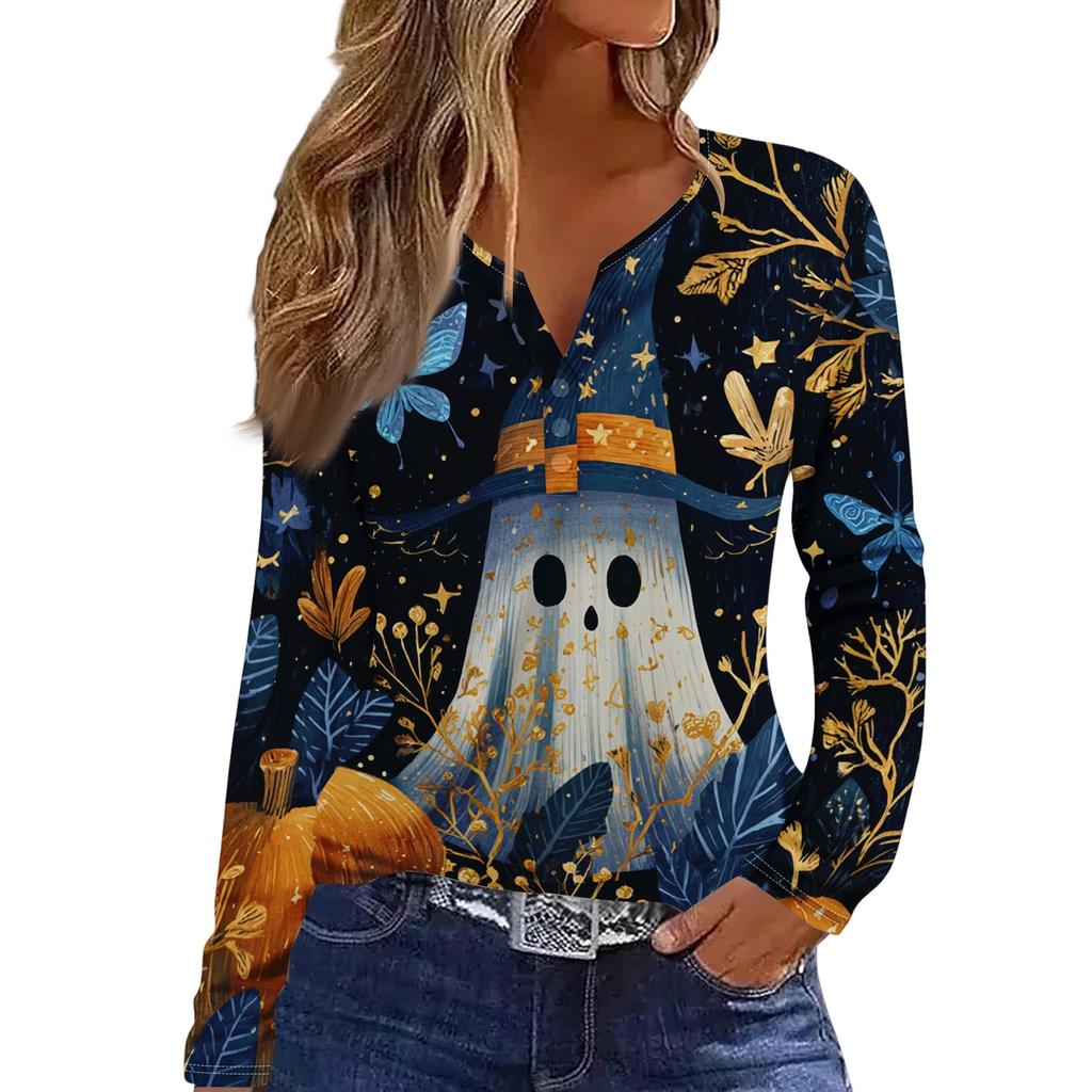 Women's Casual Long Sleeve V-Neck T-Shirt with Halloween Print and Decorative Buttons