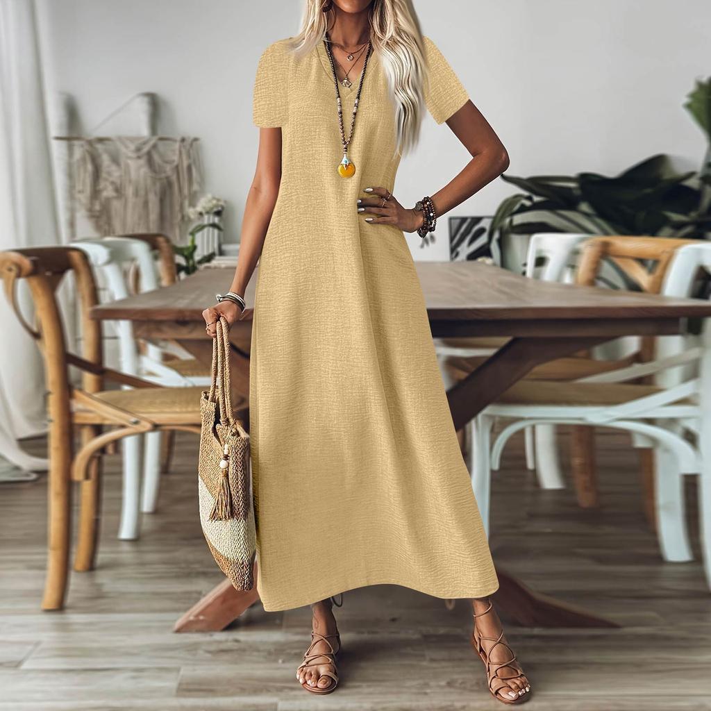 Women's Fashion V-Neck Short Sleeve Solid Color Zipper Casual Vacation Long Dress Cotton Linen Dresses
