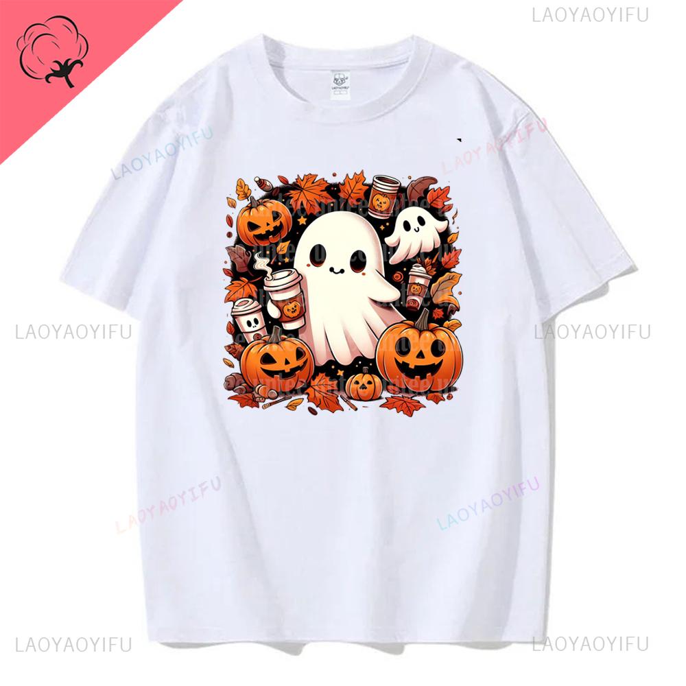 Jack Lanterns  Women Ghost Pumpkin Bat Skeleton Print Round Neck Pullovers Cotton Shirt Graphic T Shirts Y2k Top Harajuku Tops