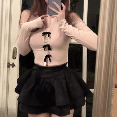 Fake Two Pieces Set Sweet Bow Patchwork T-shirt Korean Fashion Long Sleeve Y2k Aesthetic Top Women Off Shoulder Sexy Halter Tees
