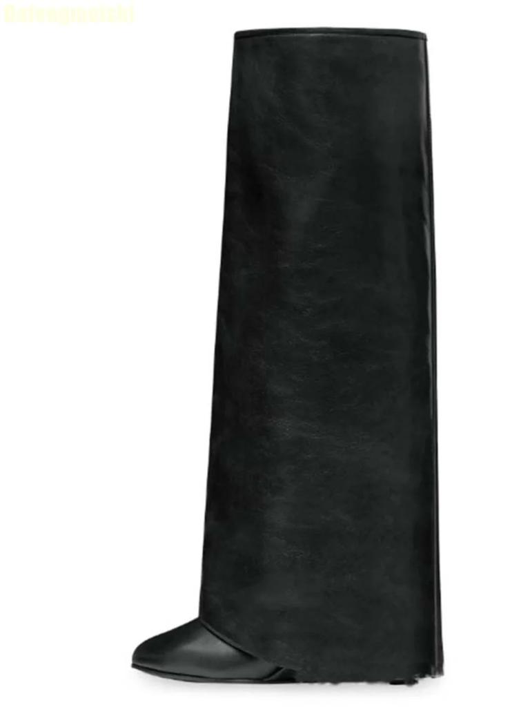 Black/white/red Leather Mid-Calf/knee-High Boots 2025 New Wedges Shark Boots Metal Belt Buckle Latest Catwalk Boots