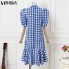 VONDA Women Vintage Stand Collar Short Sleeve Plaid Ruffle Hem Dresses