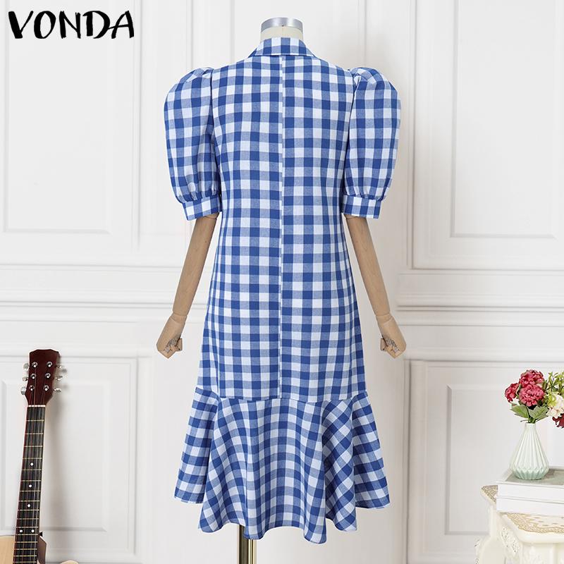 VONDA Vestidos vintage para mujer con cuello alto, manga corta, cuadros y dobladillo con volantes