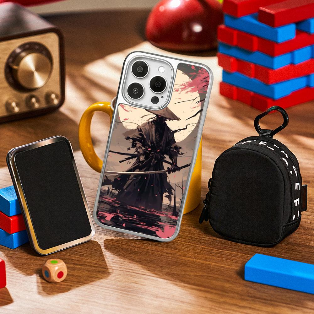

Fantasma cool japan samurai painting Phone Case for iPhone 16 15 14 13 12 11 Pro Max Sheepskin Silver-edged protective case iPhone12ProMax