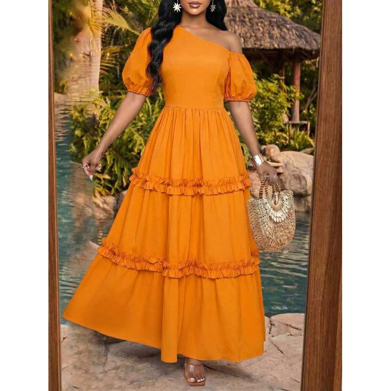 Summer Bohemian vacation style solid color irregular collar bubble short sleeve multi-layer lace long dress