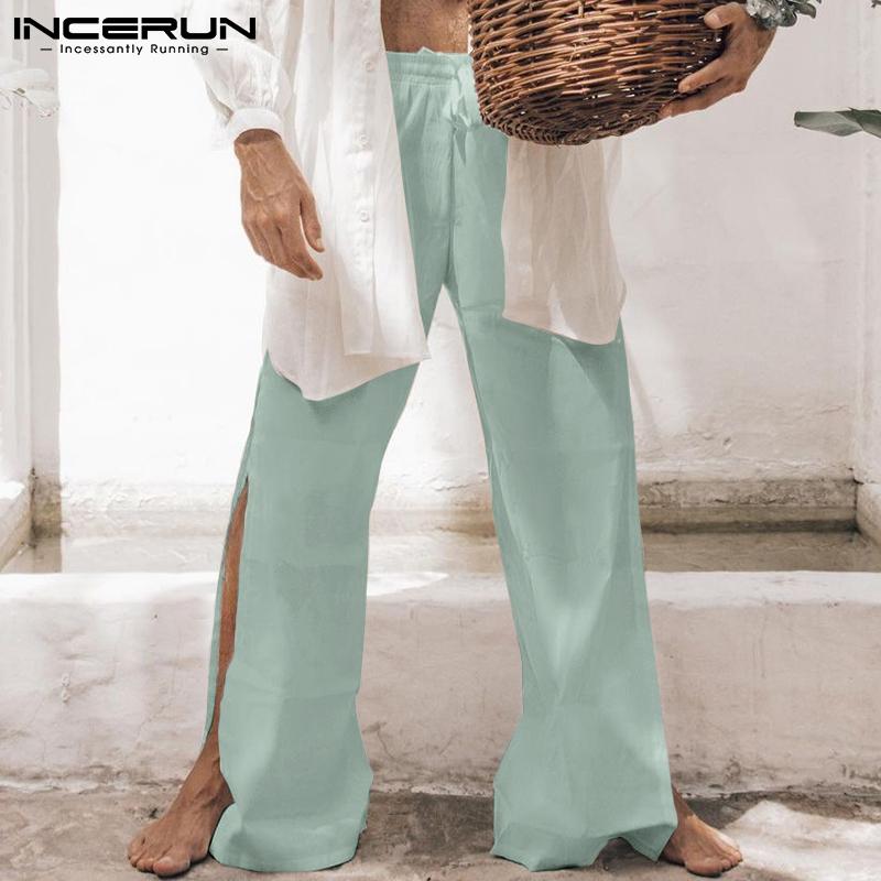 

INCERUN летние тонкие мужские модные шаровары для йоги длинные брюки свободные повседневные удобные однотонные брюки макси с разрезом на шнуровке плюс размер