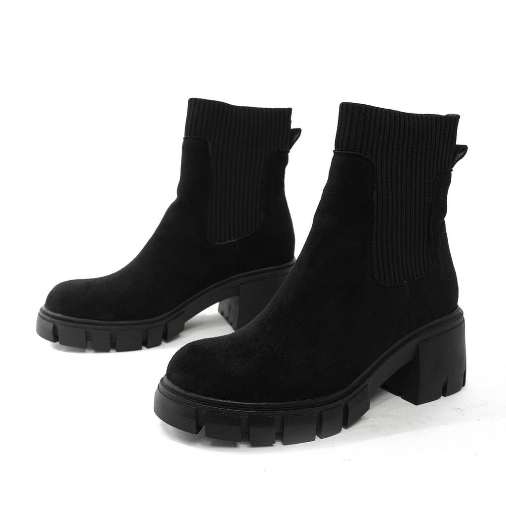 Gdgydh Wildleder-Damen-Chelsea-Stiefel mit Profilsohle, elastischen Sock Booties, zum Hineinschlüpfen, Winter-Plateauschuhe mit mittelhohem Absatz