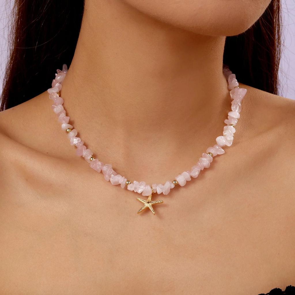 Irregular Colorful Natural Stone Beaded Necklace for Women Handmade Bohemian Starfish Clavicle Chain Beach Party Charm Jewelry