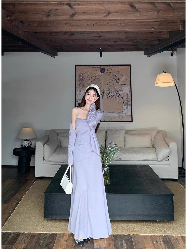 Gentle Style Women's Camisole & Cardigan Set with High-Waist Mermaid Skirt - Autumn/Winter Solid Colors