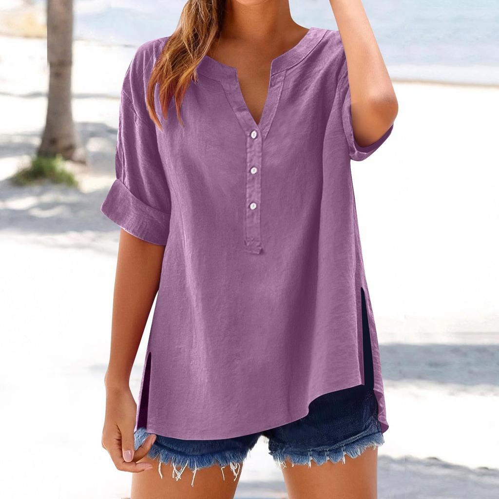Women's Summer Casual V-neck Button Shirt Solid Color Short Sleeve Hem Split Cotton Blouse