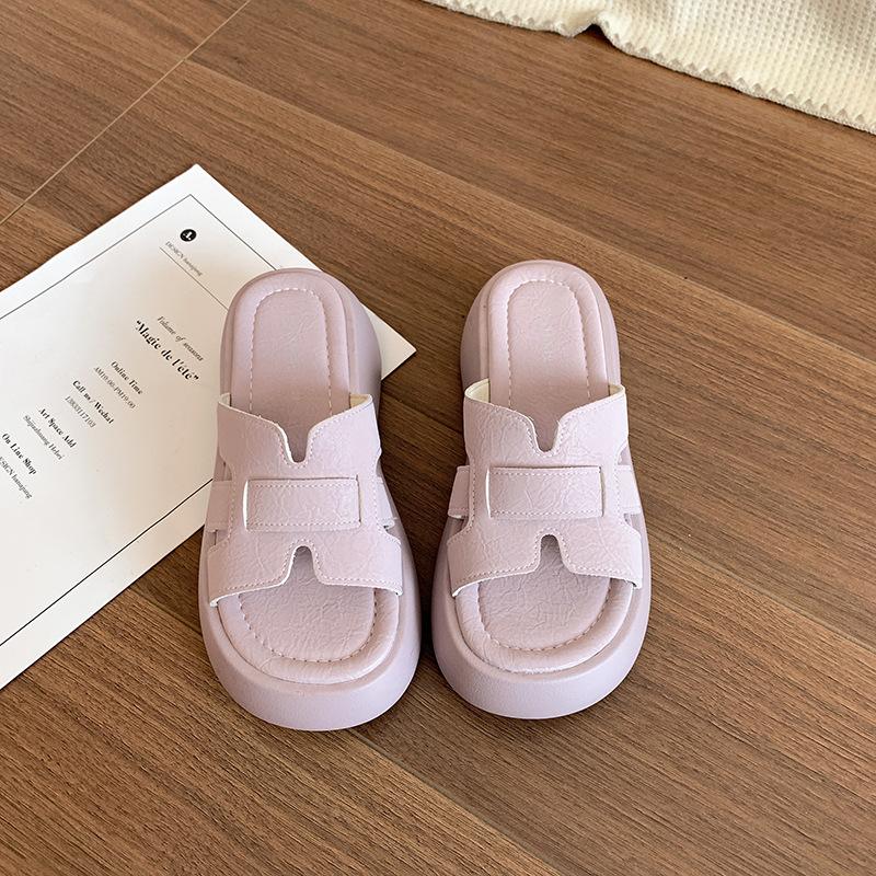 Niche personalized pink and purple thick-soled one-word slippers women's summer wear 2025 new soft-soled versatile Roman cool slippers