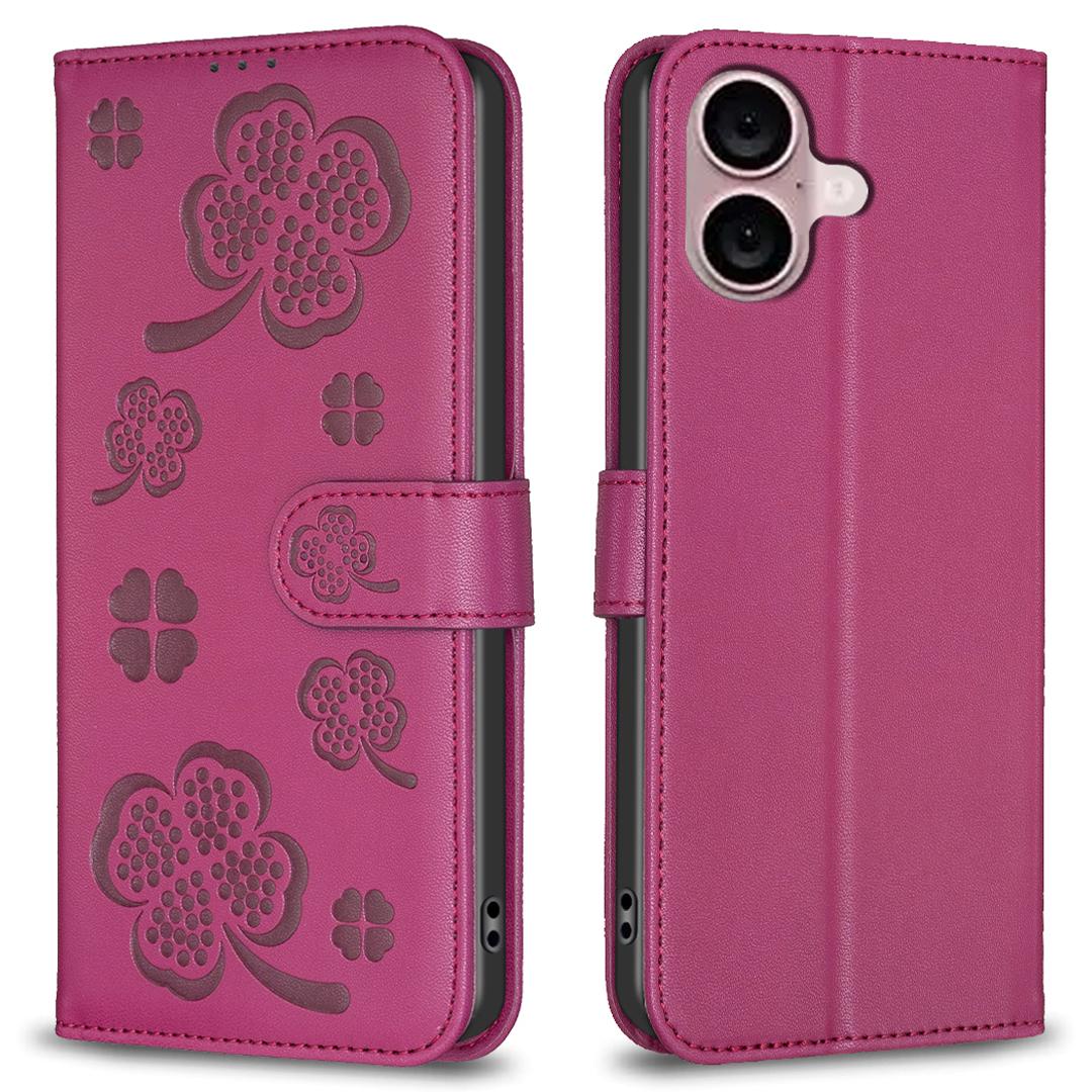 

For iPhone 16 Case Lucky Clover Imprinting Wallet PU Leather Phone Cover