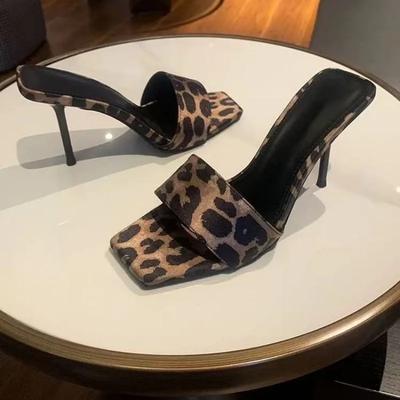 Fashion Women's Fashion Stiletto Sandals Summer New Square Head Leopard Print Suede Cover Foot Slip-resistant Wear Slippers
