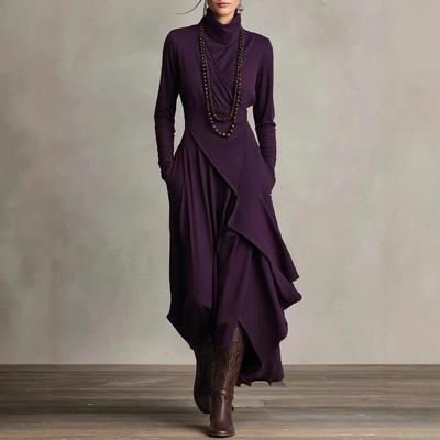 2026 Trendy European & American Women's Autumn Solid Long Sleeve Cross-Collar Maxi Dress