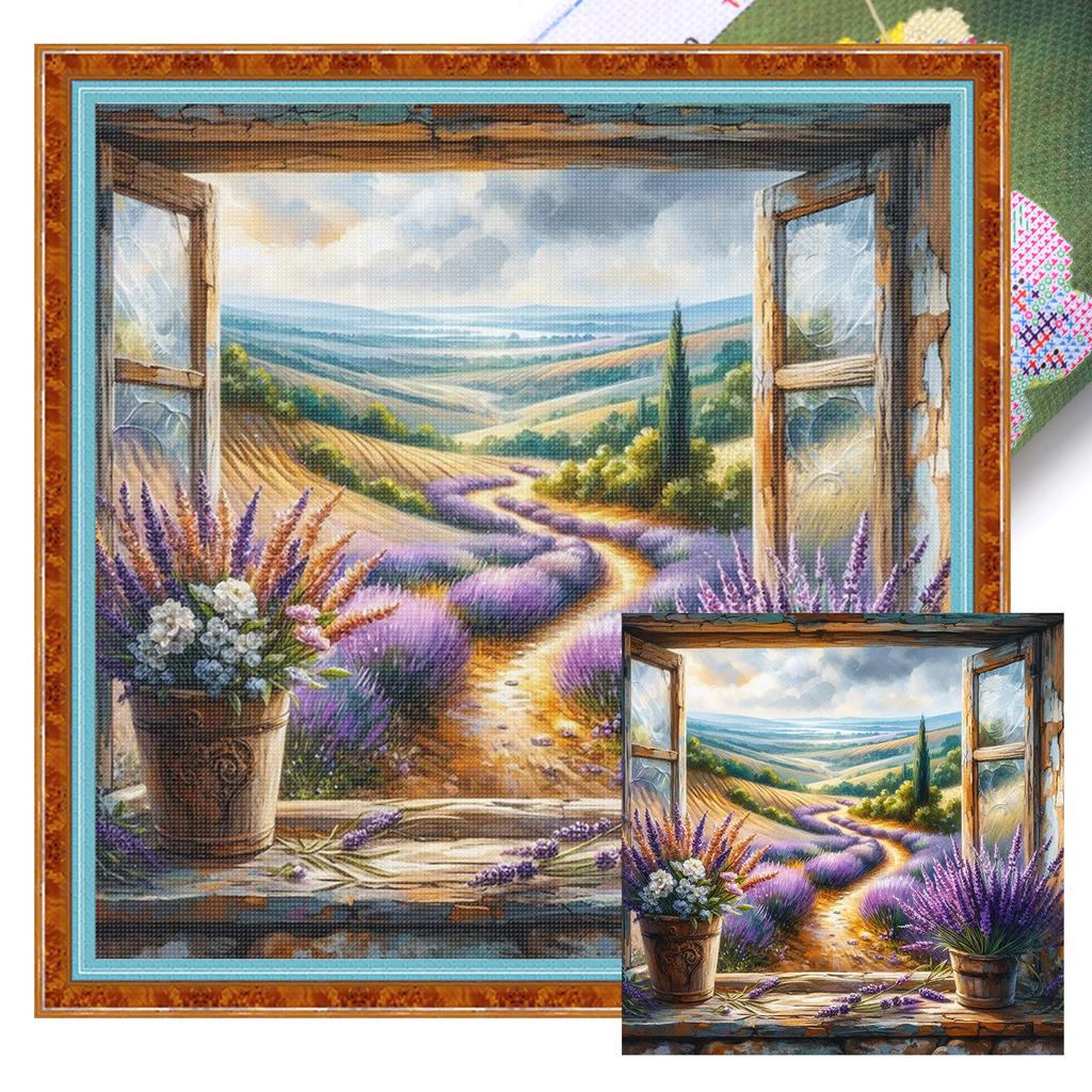 Window View Full 11CT DIY Stamped Needlework Embroidery Kit 40x40cm Printed Cross-Stitch Kits for Beginners Adults Home Decor