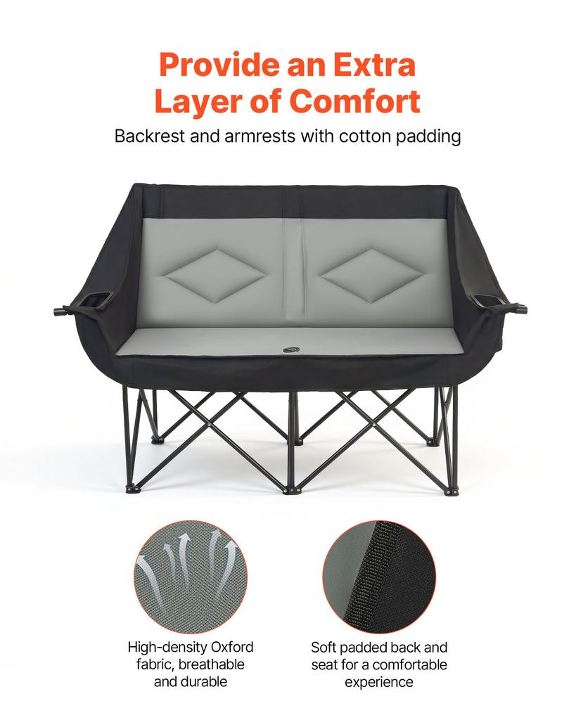 VEVOR Double Camping Chair, Oversized Two Person Camp Chair with 660 Lbs Heavy Duty Support, with Dual Cup Holders, Wine Glass Holders