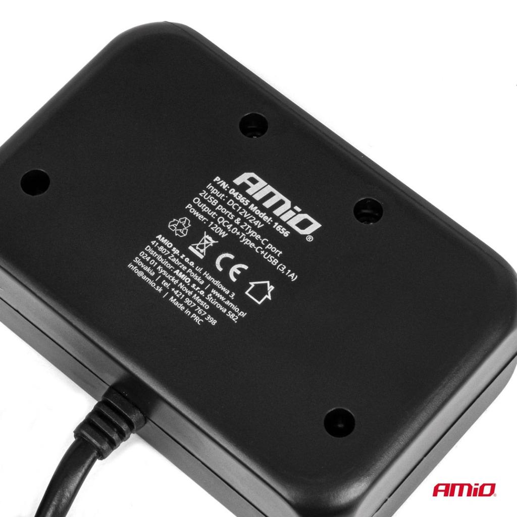 Cigarette Lighter Socket Splitter with Charger 1x USB-A 1x USB-C QC4.0 12V 24V 120W 80cm AMIO-04365