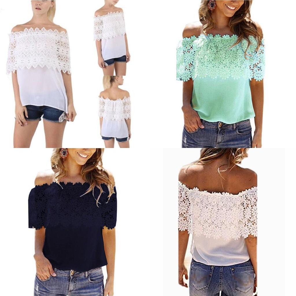Elegant Women's Off-shoulder Short Sleeve Lace Hollow Casual T-shirt Blouse For Summer Outings