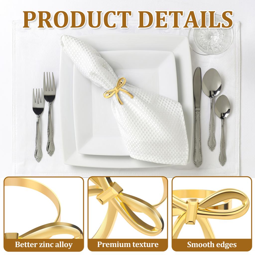 18/30 Pcs Gold Napkin Ring Bow Napkin Rings Reusable Metal Napkins Holder for Wedding Party Dinner Hotel and Table Decoration