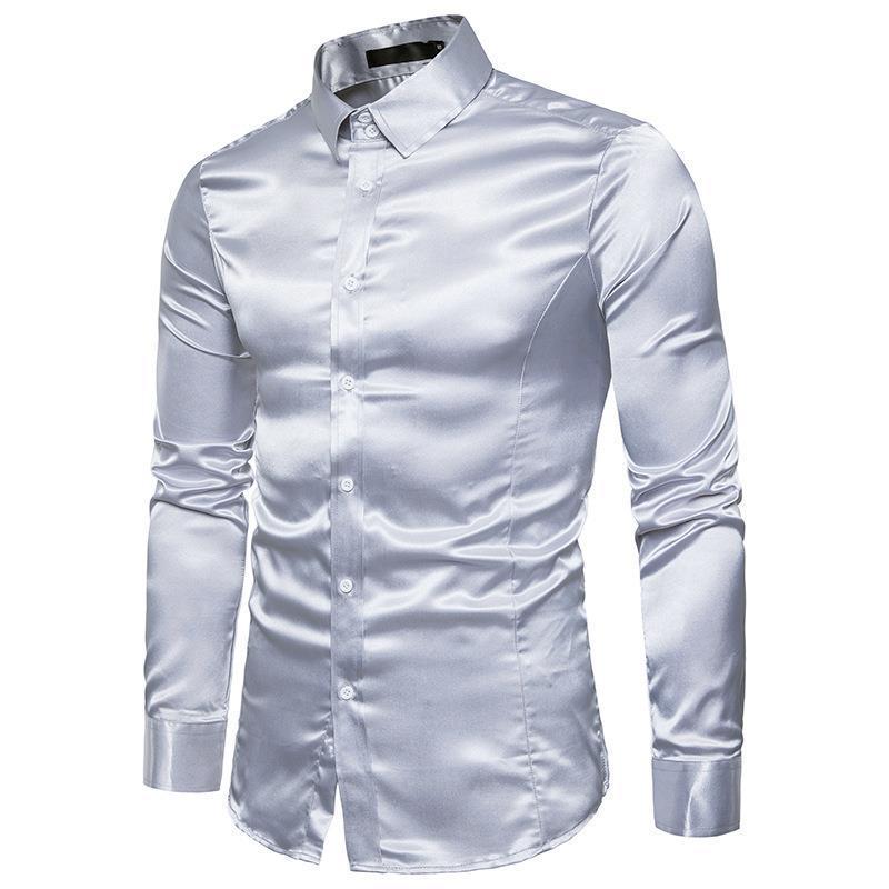 

2023 Autumn Men s European Long Sleeve Shiny Casual Shirt L светло-серый