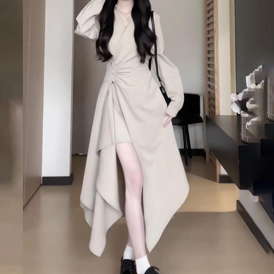 French Irregular Long Skirt Autumn Waist-Cinching Design Sense V-Neck Temperament Solid Color Split Dress Women's