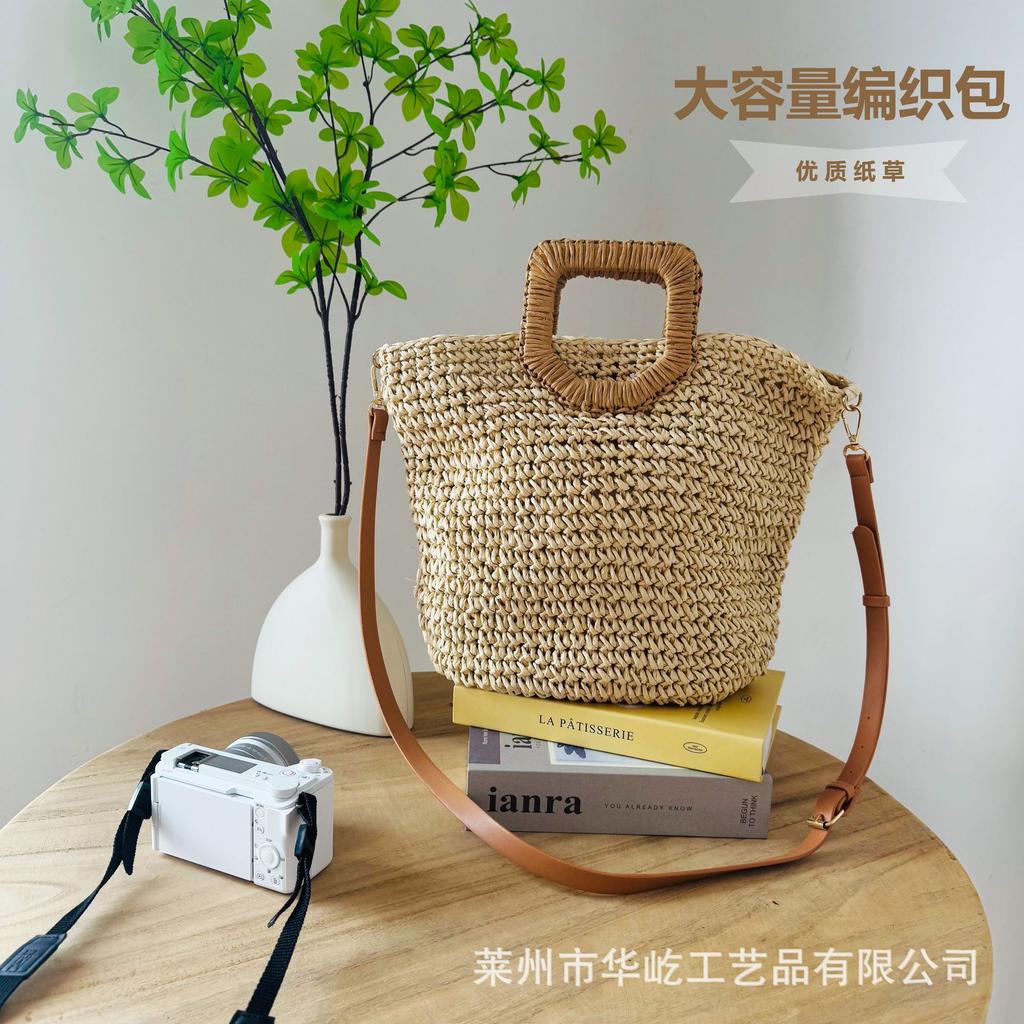 2025 new oblique span hand-carry dual-purpose papyrus woven bag fashionable Mori summer vacation commuter hand-woven bag