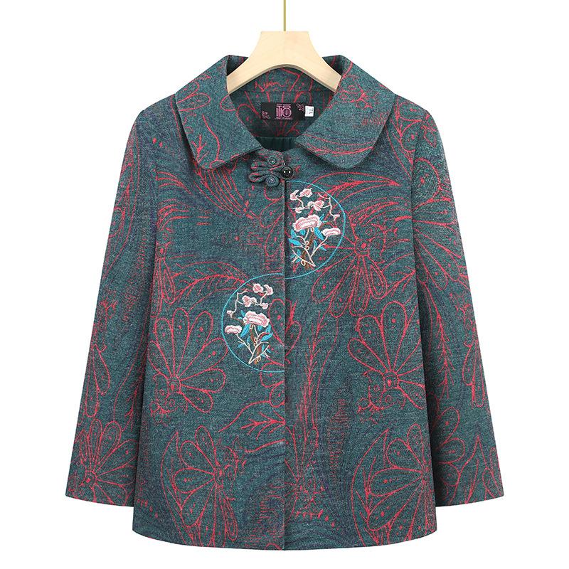 

New coat women s embroidered lapel top old lady 5XL (145-80kg recommended) зелёный