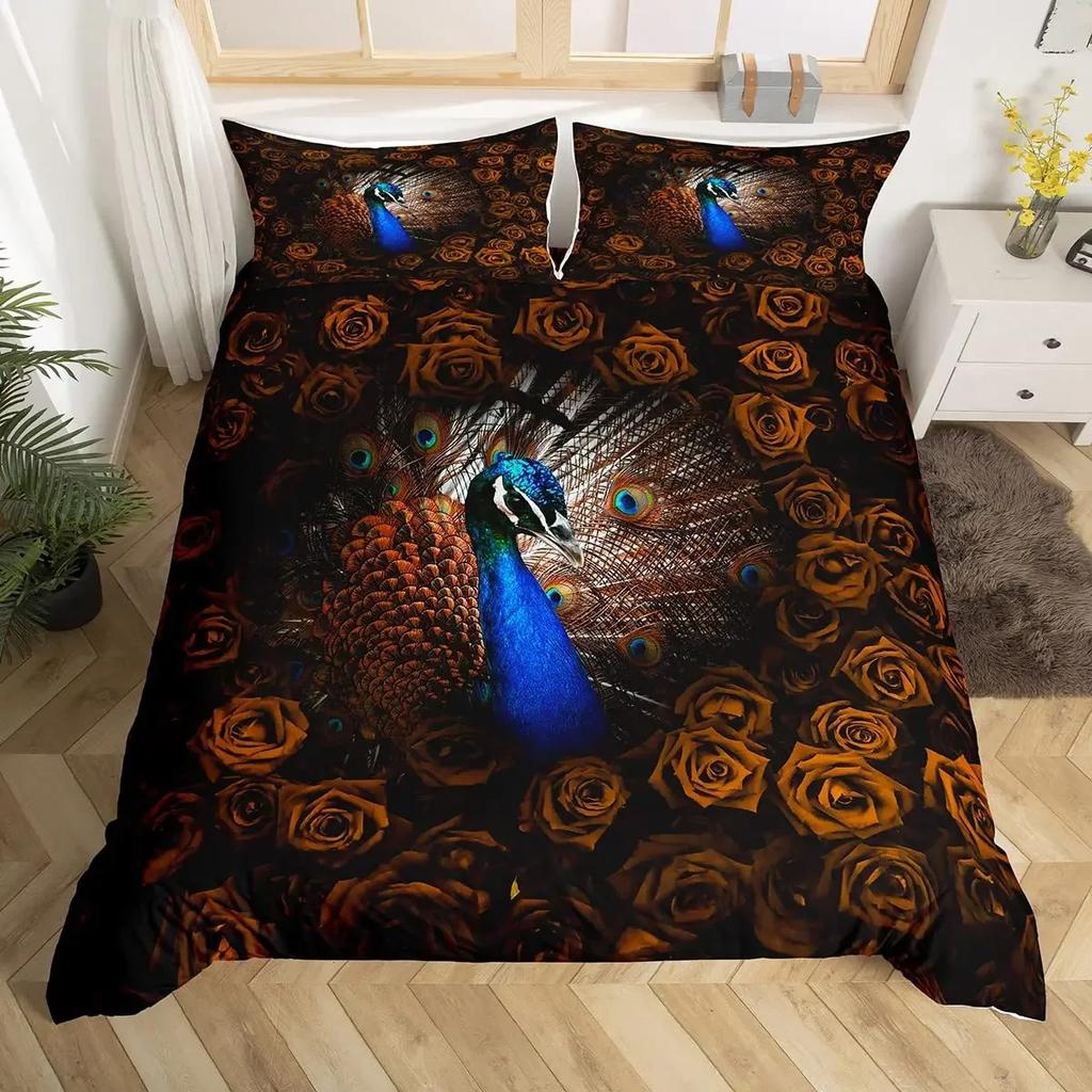 Conjunto de Capa de Edredom Pavão de Luxo Tamanho Twin King Queen Selva Selvagem Animal Capa de Colcha Microfibra Pássaro Exótico Animal Conjunto de Roupa de Cama
