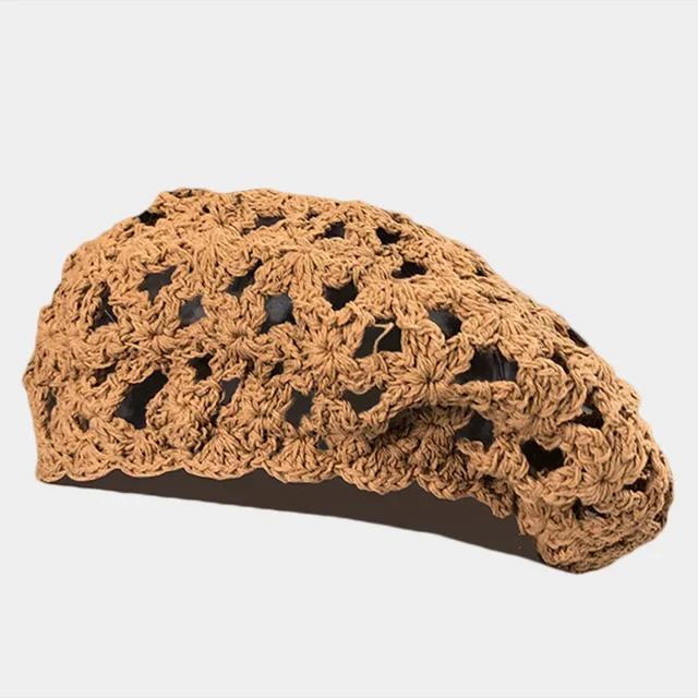 Hollow Breathable Knitting Beret Caps for Women Spring Summer Handmade Hook Flower Design Artist Hat Fashion Mushroom Hat