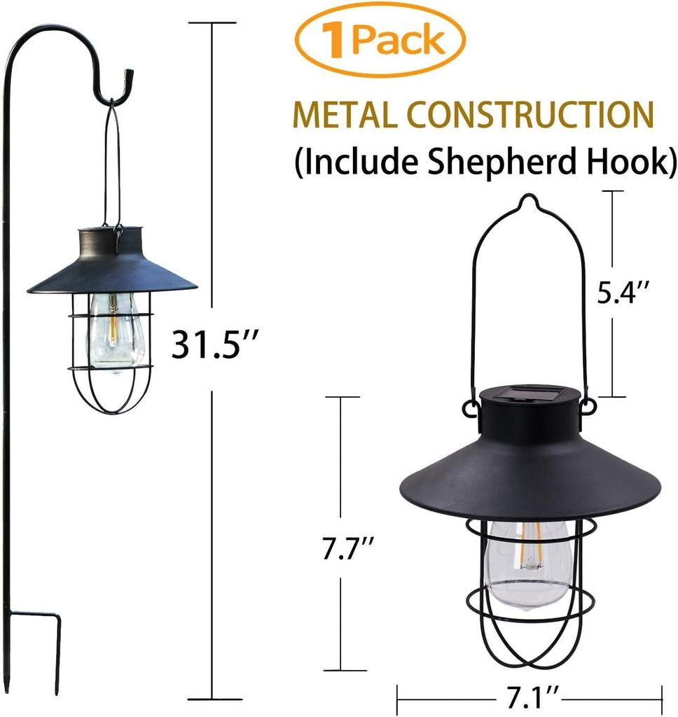 1 Pack Hanging Solar Lights Lantern Lamp with Shepherd Hook, Metal Waterproof Edison Bulb Lights for Garden Outdoor Pathway
