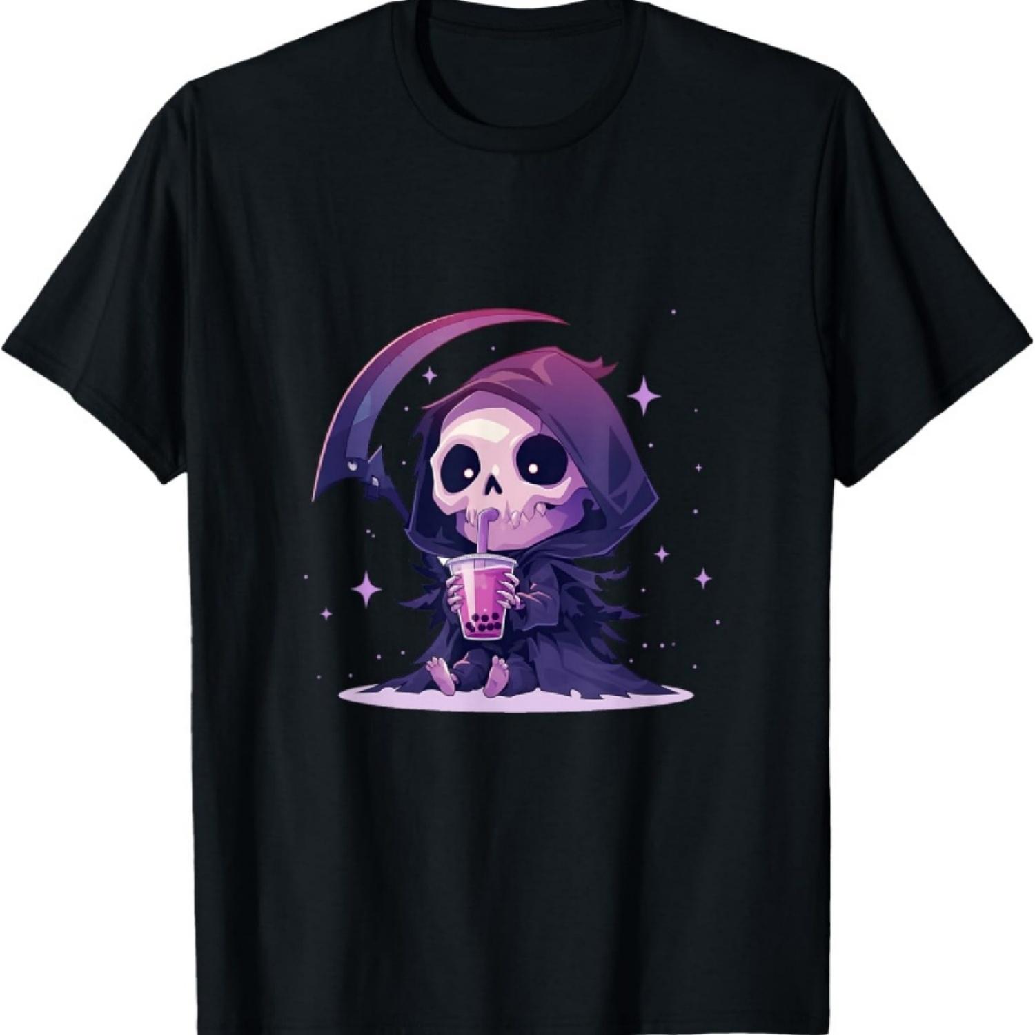 Chibi Grim Reaper Drinking Boba Tea T-Shirt S