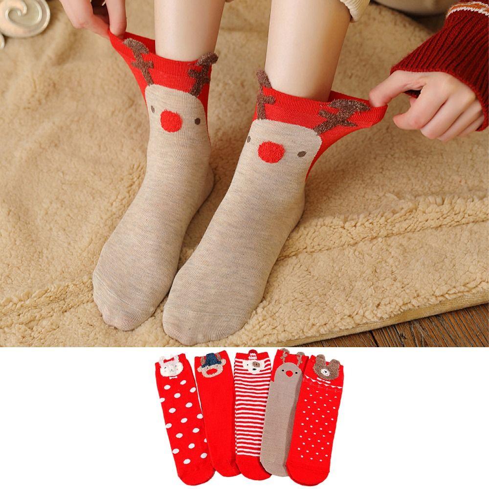 5Pairs Cartoon Elk Tube Socks Rabbit Elk Mid-Calf Socks Christmas Stockings Lady/Girls/Women