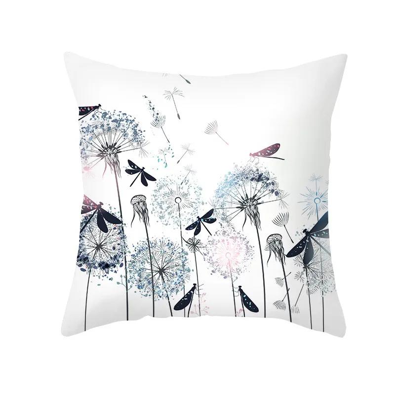 Plant Printed Pillow Pattern White Cushion Cover for Home Living Room Sofa Decoration Polyester