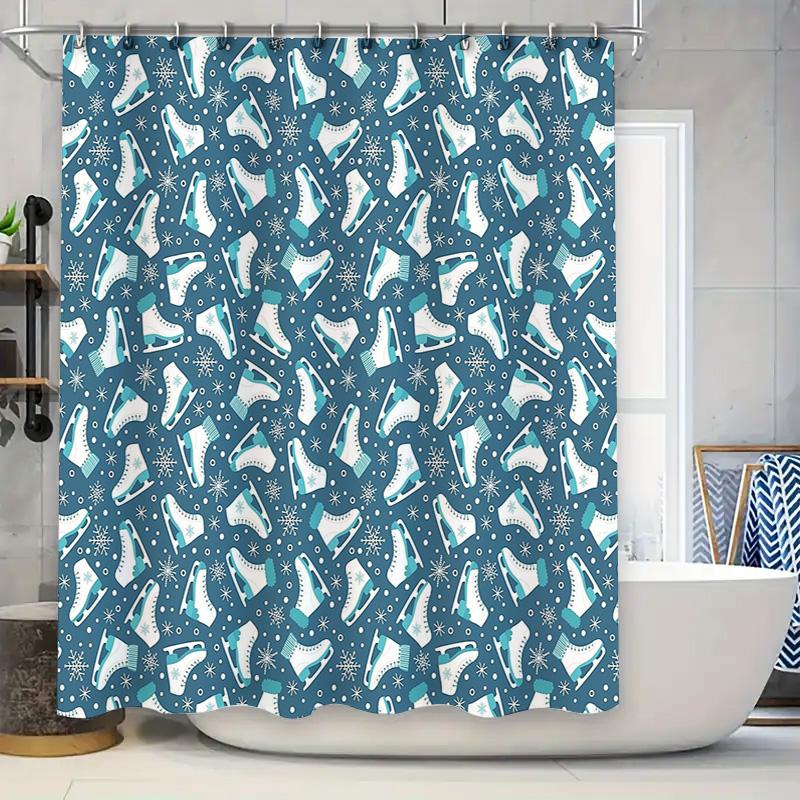 

Winter Snowflake Skating Deer Shower Curtain Festive Blue Nature Holiday Bathroom Decor Waterproof Fabric 90x180cm
