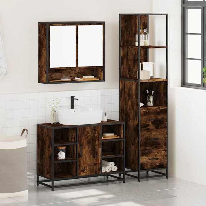 VidaXL Ensemble De Meubles De Salle De Bain 3 Pcs Chêne Fumé, Armoire De Salle De Bain, Armoire De Rangement De Toilette, 3301182