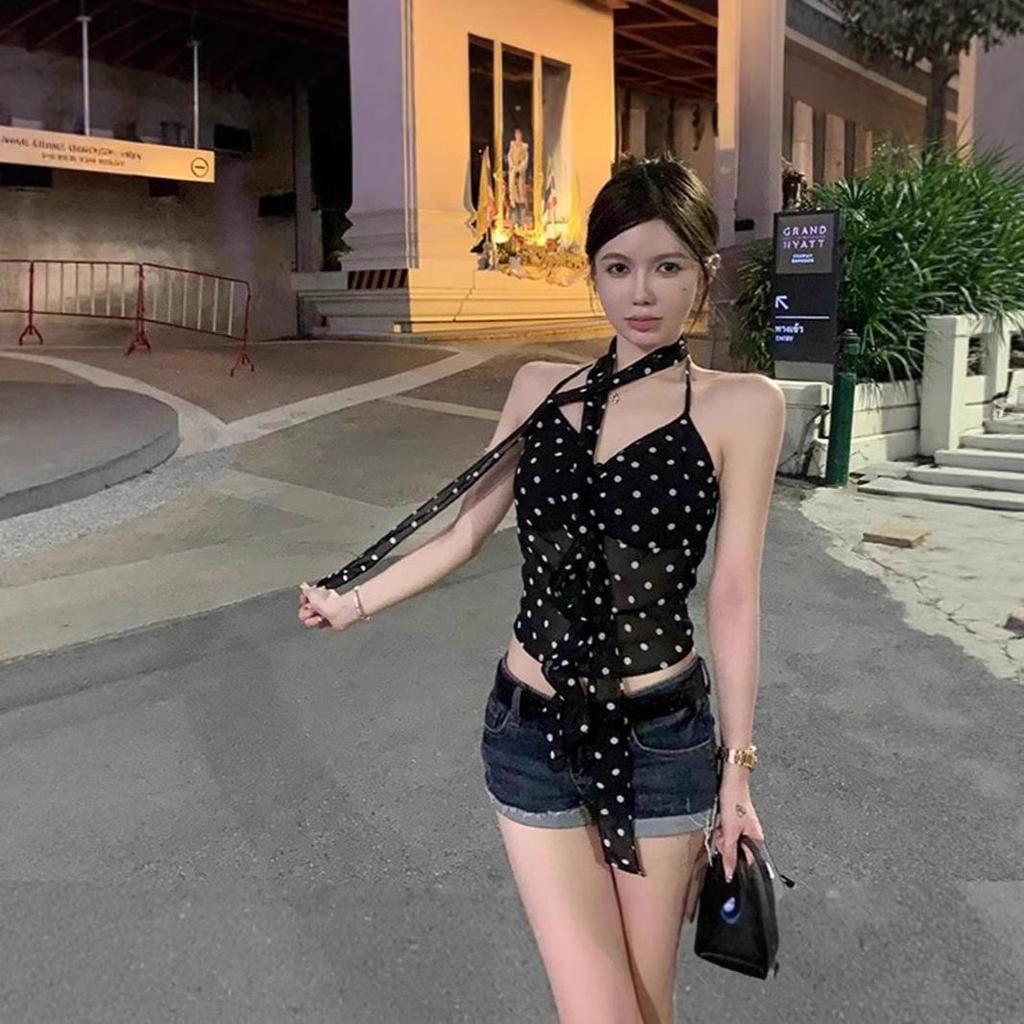 Women's Polka Dot Halter Vest: Slim Fit, Sexy Mesh, Versatile Inner or Outer Layer, Slightly Transparent, Perfect for Summer.