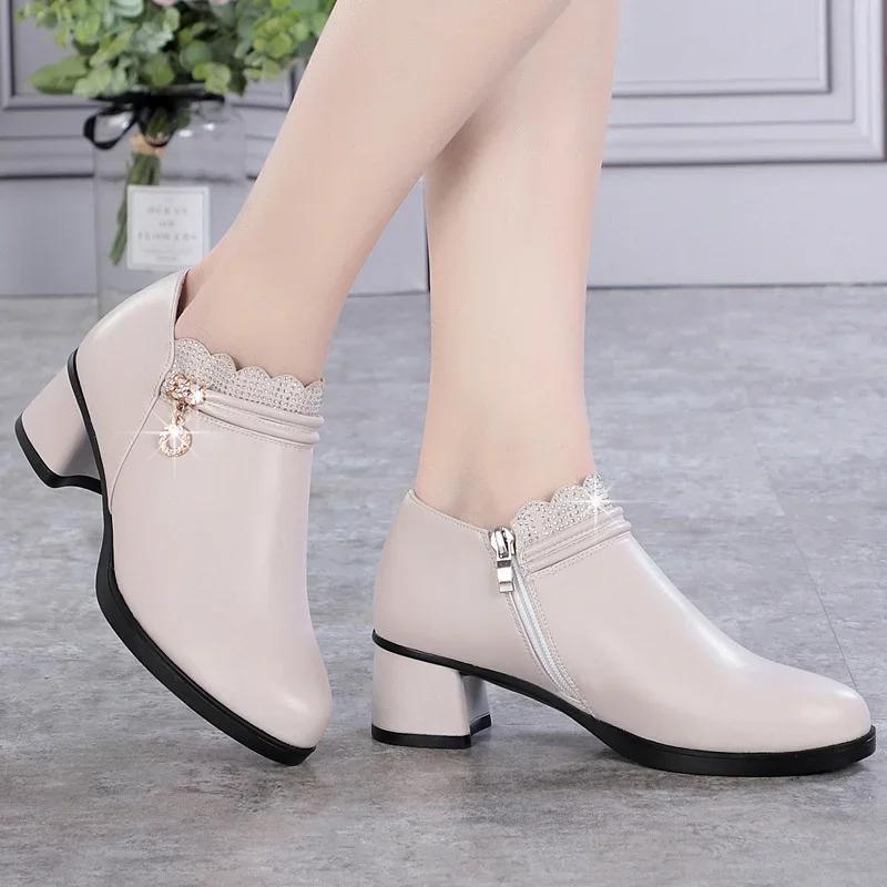 Fashion 2025 Solid Spring Autumn Women Fashion Pumps Thick High Heels Soft Comfortable Mam Zip Shallow Women Shoes Zapatillas De Mujer