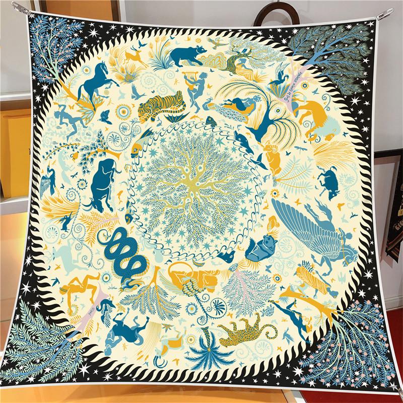 90CM Luxury Square Zodiac Sign Twill Silk Scarf for Women Hijab Hair Band Neckerchief Female Shawl Ribbon Headband Wraps Bandana