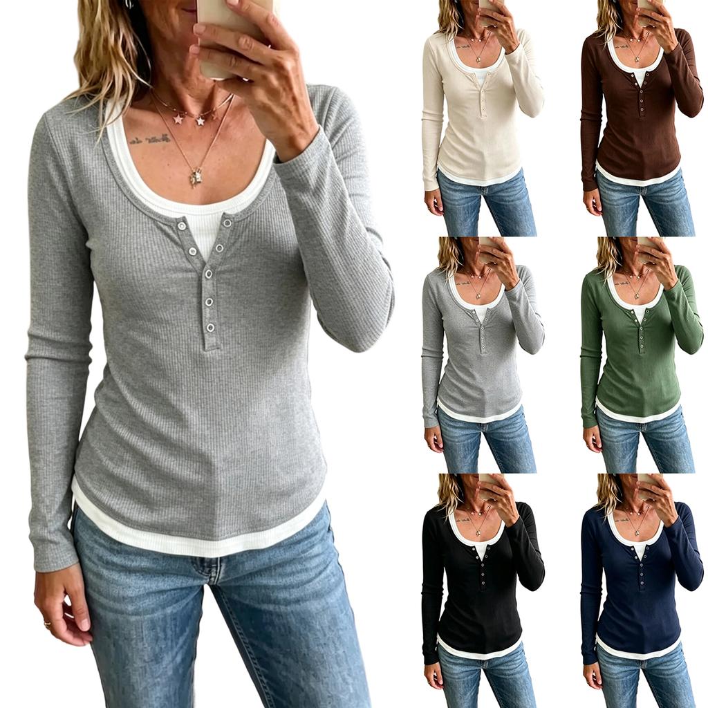 Women's Long Sleeve Color Block Fake Two-Piece Slim Fit Casual T-Shirt