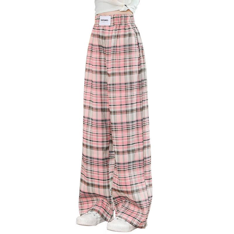 Moonkids Girls' Summer Ice Silk Anti-Mosquito Straight Wide-Leg Plaid Pants