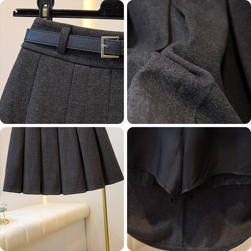 2026 Petite Plus Size Wool Pleated Midi Skirt - High Waist, Versatile School Style with Belt