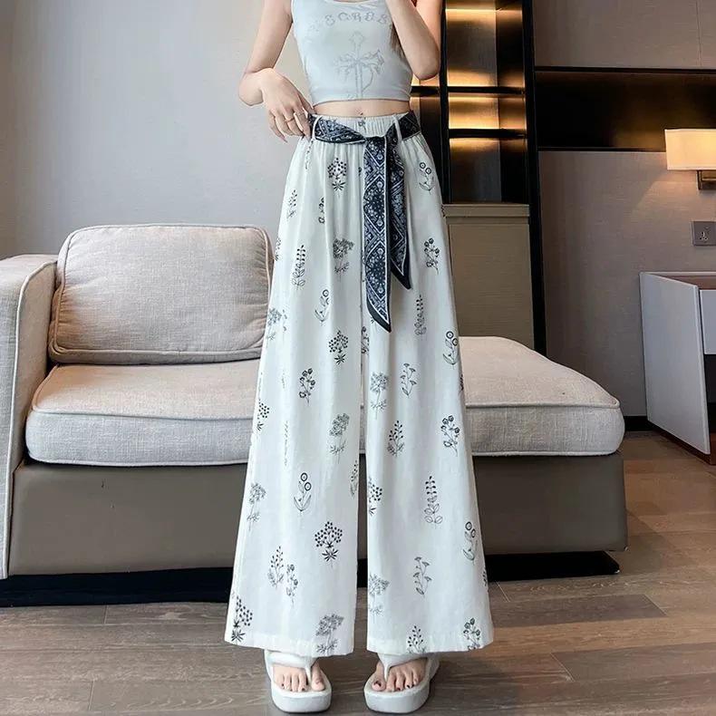 Women's Retro Floral Wide-Leg Ice Silk Pants - Summer Loose Fit, Nine-Point Casual Style